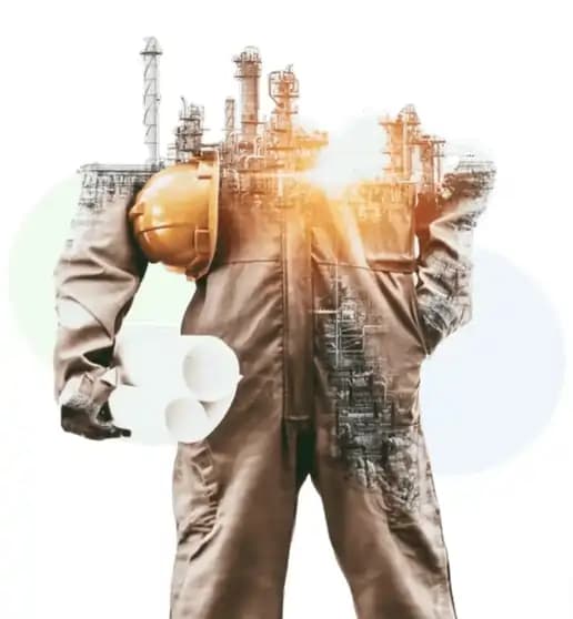 Industrial engineer holding a hard hat and technical drawings, blended with a process plant